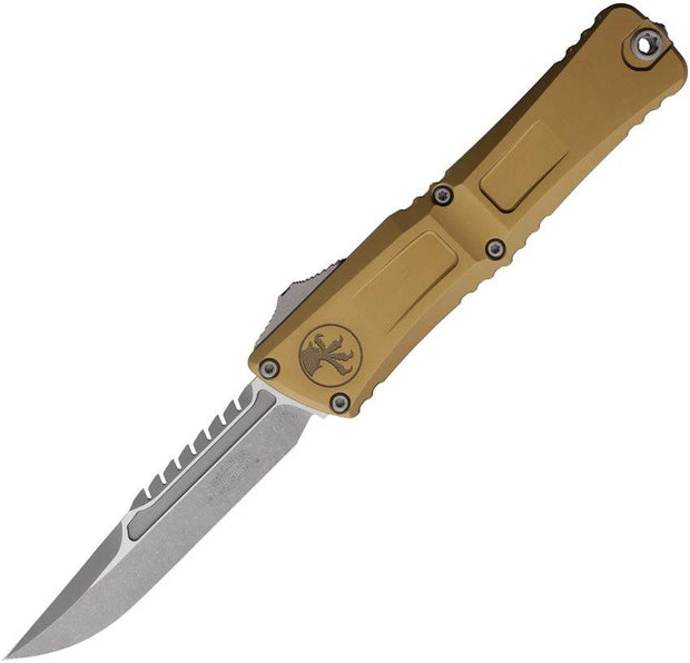 Microtech Auto Troodon Intercepto Knife 5.5 Inch Closed 4 Inch M390 Apocalyptic Finish Tan Aluminum EDC Enthusiasts