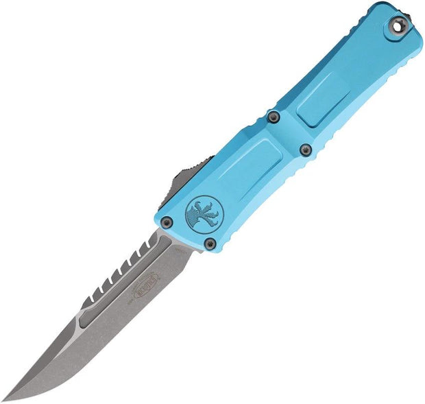 Microtech Automatic Troodon Intercepto Knife 4 Inch M390MK Turquoise Aluminum Handle Glass Breaker For EDC Enthusiasts