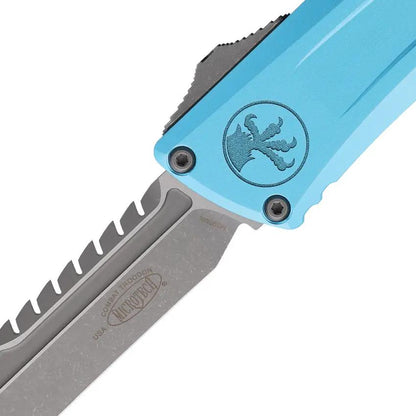 Microtech Automatic Troodon Intercepto Knife 4 Inch M390MK Turquoise Aluminum Handle Glass Breaker For EDC Enthusiasts by Microtech