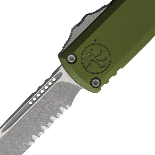 Microtech UTX85 SE Gen IV Auto OTF Knife M390MK Blade Apocalyptic Finish OD Green Handle Glass Breaker For Tactical Pros by Microtech