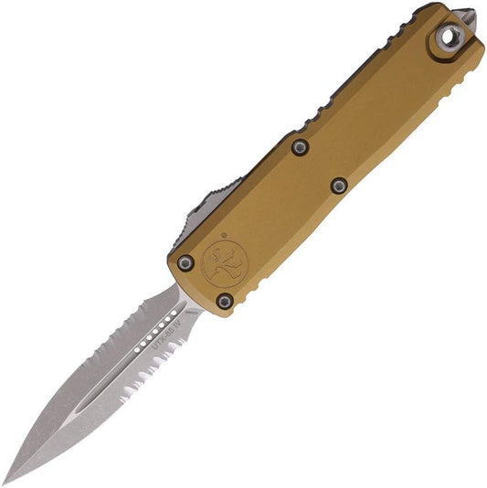 Microtech UTX85 Auto OTF Knife Gen IV Partially Serrated M390MK Dagger Blade Tan Aluminum Handle For Tactical EDC