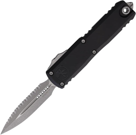 Microtech UTX 85 Auto Knife D E Gen IV Serrated Blade With Glass Breaker Black Aluminum Handle Tactical Professionals