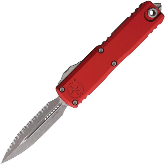 Microtech UTX-85 D/E Gen IV OTF Auto Knife With Red Aluminum Handle, Serrated M390 Blade, Glass Breaker For EDC by Microtech
