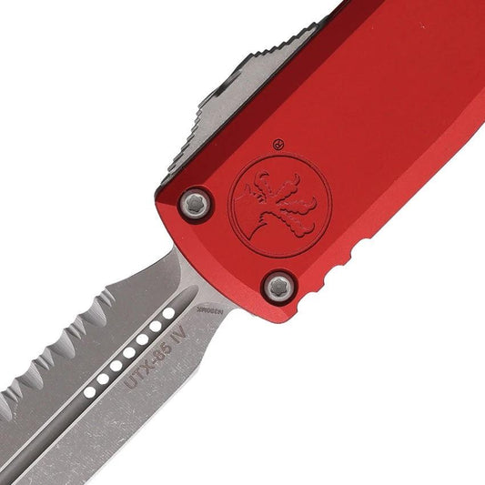 Microtech UTX-85 D/E Gen IV OTF Auto Knife With Red Aluminum Handle, Serrated M390 Blade, Glass Breaker For EDC by Microtech
