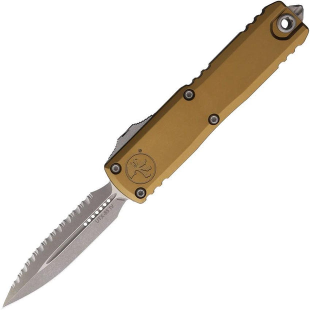 Microtech UTX85 Auto Double Edge GenIV OTF Knife For Tactical EDC With M390 Serrated Blade And Tan Aluminum Handle by Microtech