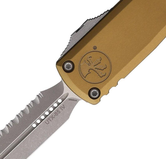 Microtech UTX85 Auto Double Edge GenIV OTF Knife For Tactical EDC With M390 Serrated Blade And Tan Aluminum Handle by Microtech