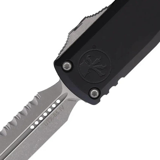 Microtech UTX 85 Auto Knife D E Gen IV Serrated Blade With Glass Breaker Black Aluminum Handle Tactical Professionals by Microtech