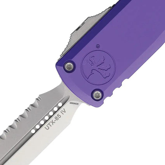 Microtech UTX-85 Auto D/E Gen IV OTF Knife For EDC Enthusiasts With Purple Aluminum Handle And M390MK Dagger Blade by Microtech