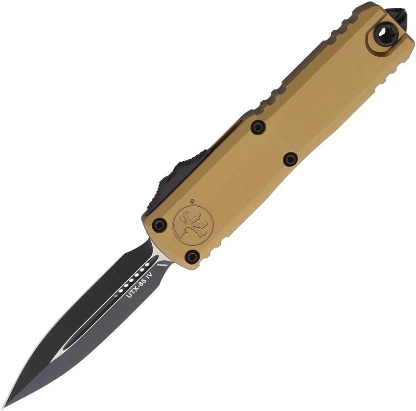 Microtech UTX 85 Auto OTF Knife Gen IV M390 Two Tone Blade 4.5 Inch Closed Tan Aluminum For Tactical EDC Enthusiasts