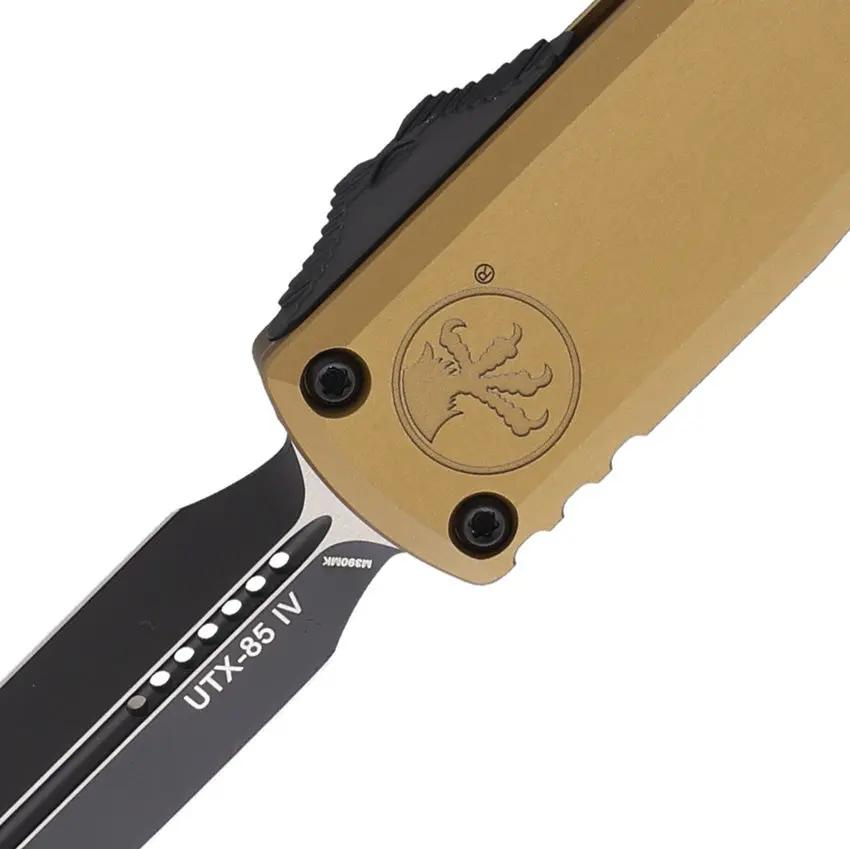 Microtech UTX 85 Auto OTF Knife Gen IV M390 Two Tone Blade 4.5 Inch Closed Tan Aluminum For Tactical EDC Enthusiasts by Microtech