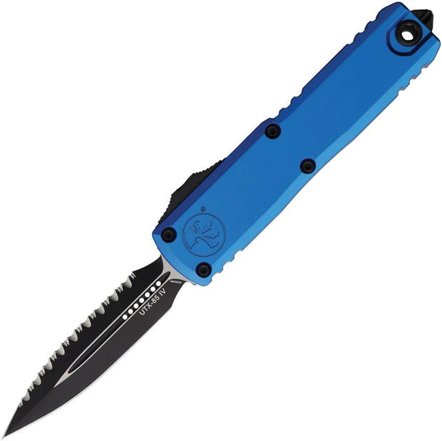 Microtech UTX 85 Auto OTF Knife Gen IV Elite Two Tone Serrated Dagger Blade M390MK Blue Aluminum Handle For EDC by Microtech