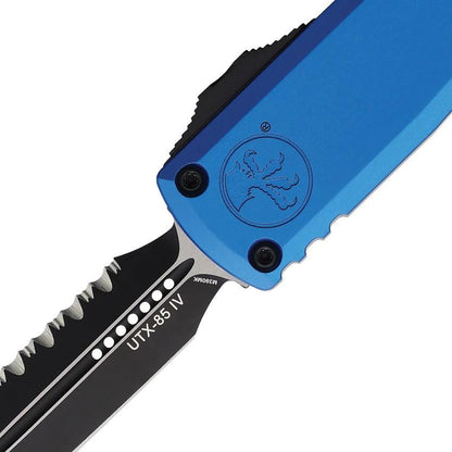 Microtech UTX 85 Auto OTF Knife Gen IV Elite Two Tone Serrated Dagger Blade M390MK Blue Aluminum Handle For EDC by Microtech