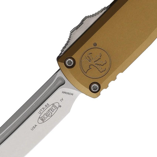 Microtech UTX-85 Auto Gen IV OTF Knife Premium 3in M390MK Tanto Blade Tan Aluminum EDC Enthusiasts by Microtech