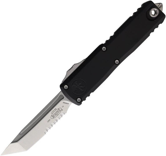 Microtech UTX-85 Auto OTF Knife Gen IV 3 Inch Bohler M390MK Tanto Stonewash Partially Serrated Black Aluminum EDC by Microtech