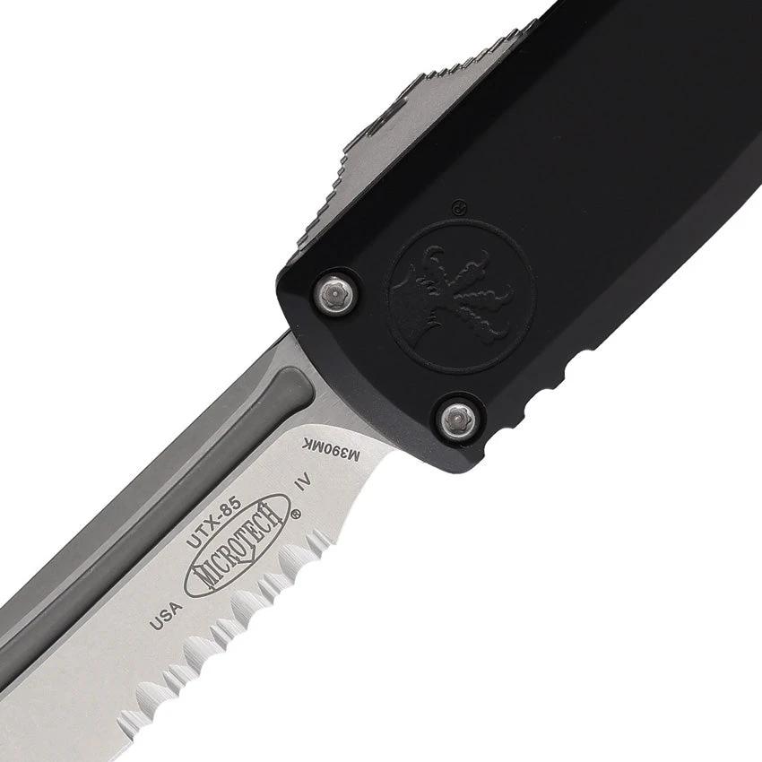 Microtech UTX-85 Auto OTF Knife Gen IV 3 Inch Bohler M390MK Tanto Stonewash Partially Serrated Black Aluminum EDC by Microtech