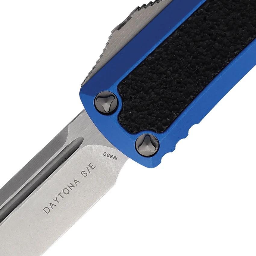 Microtech Auto Daytona OTF Knife Blue Aluminum Handle With Glass Breaker For Collectors Premium Steel Blade by Microtech