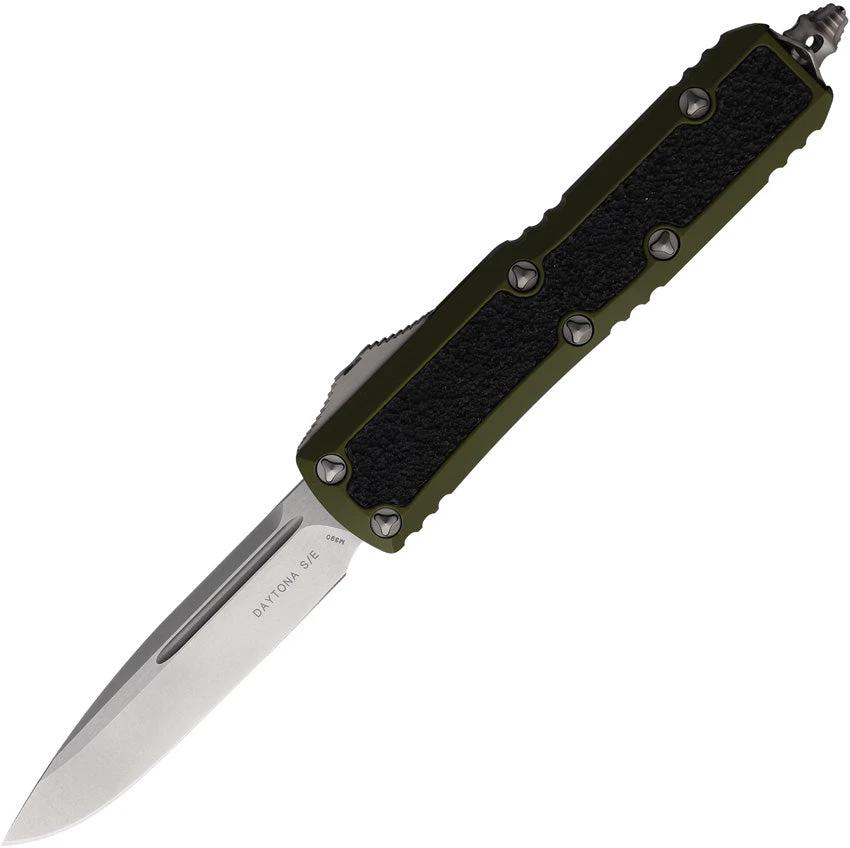 Microtech Auto Daytona S E OTF Knife with OD Green Aluminum Handle Black Traction Inlay EDC 3.13 Inch Stonewash Blade