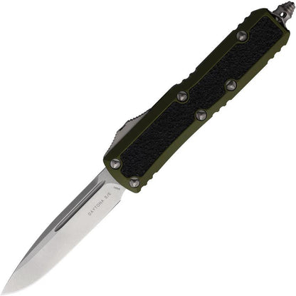 Microtech Auto Daytona S E OTF Knife with OD Green Aluminum Handle Black Traction Inlay EDC 3.13 Inch Stonewash Blade