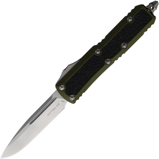 Microtech Auto Daytona S E OTF Knife with OD Green Aluminum Handle Black Traction Inlay EDC 3.13 Inch Stonewash Blade