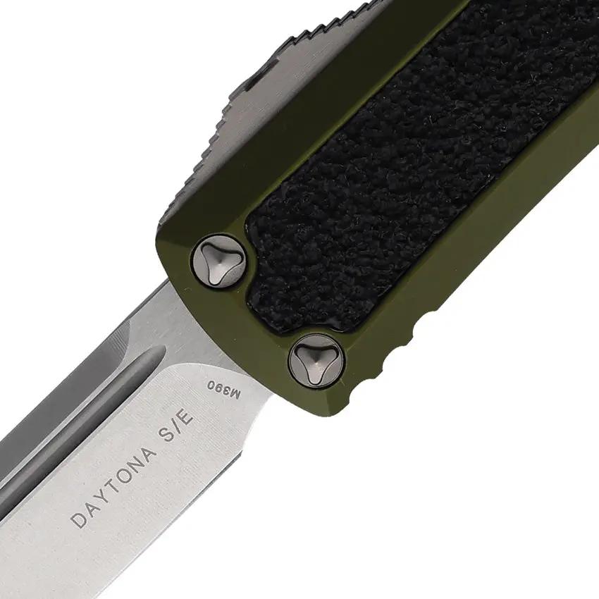Microtech Auto Daytona S E OTF Knife with OD Green Aluminum Handle Black Traction Inlay EDC 3.13 Inch Stonewash Blade by Microtech