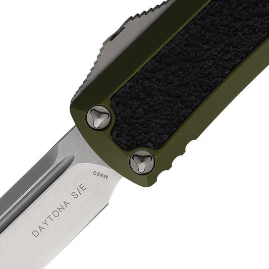 Microtech Auto Daytona S E OTF Knife with OD Green Aluminum Handle Black Traction Inlay EDC 3.13 Inch Stonewash Blade by Microtech
