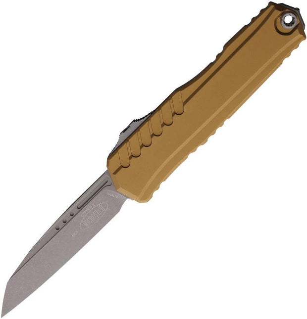 Microtech OTF Auto Knife Cypher II Tan With Wharncliffe Blade Three Point Five Inch Apocalyptic Finish For Tactical EDC