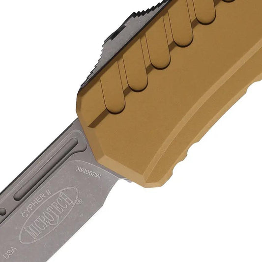 Microtech OTF Auto Knife Cypher II Tan With Wharncliffe Blade Three Point Five Inch Apocalyptic Finish For Tactical EDC by Microtech
