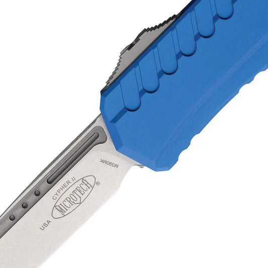 Microtech Auto Cypher II OTF Knife Blue Aluminum Handle M390MK Blade Glass Breaker For EDC Enthusiasts by Microtech