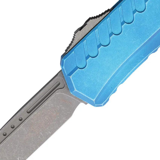 Microtech Auto Cypher II OTF Knife Automatic Opening Apocalyptic M390 Wharncliffe Marbled Blue Aluminum For Tactical EDC by Microtech