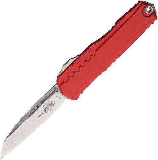Microtech Auto Cypher II OTF Knife Red Aluminum Handle Three And A Half Inches Stonewash Wharncliffe M390 Tactical EDC by Microtech