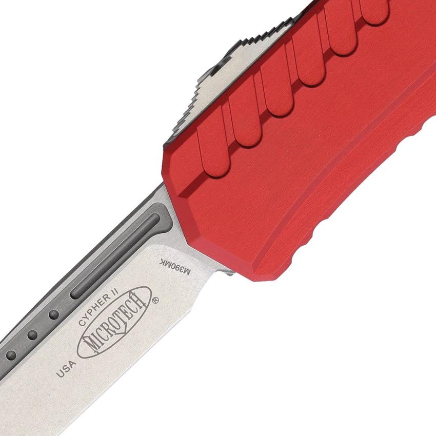 Microtech Auto Cypher II OTF Knife Red Aluminum Handle Three And A Half Inches Stonewash Wharncliffe M390 Tactical EDC by Microtech