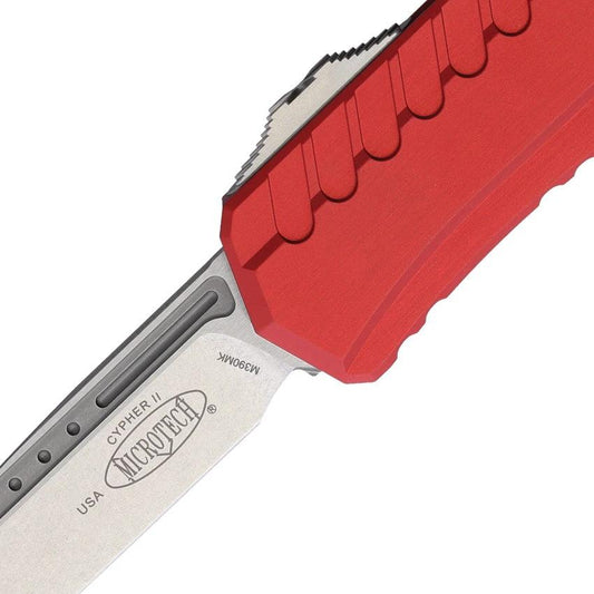 Microtech Auto Cypher II OTF Knife Red Aluminum Handle Three And A Half Inches Stonewash Wharncliffe M390 Tactical EDC by Microtech