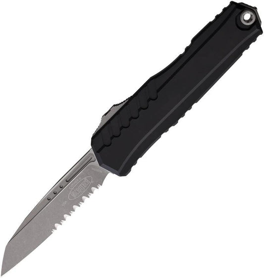 Microtech Auto Cypher II OTF Knife For EDC Enthusiasts With Apocalyptic Finish 3.5in Wharncliffe Serrated Blade