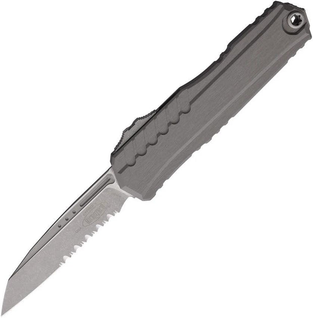 Microtech Cypher II Auto OTF Knife with Apocalyptic Finish Partially Serrated Wharncliffe Blade Gray Aluminum for EDC by Microtech