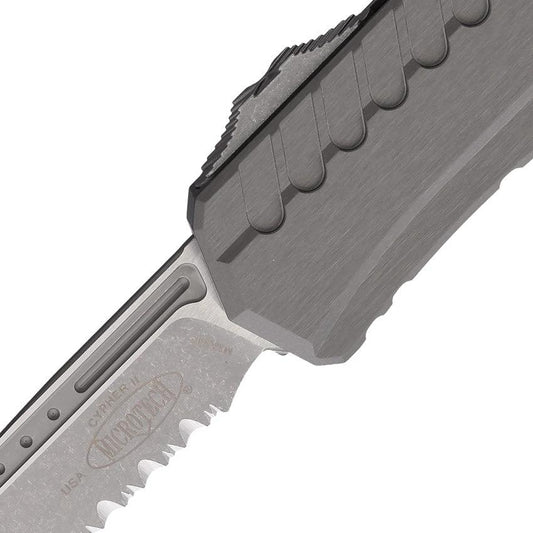 Microtech Cypher II Auto OTF Knife with Apocalyptic Finish Partially Serrated Wharncliffe Blade Gray Aluminum for EDC by Microtech