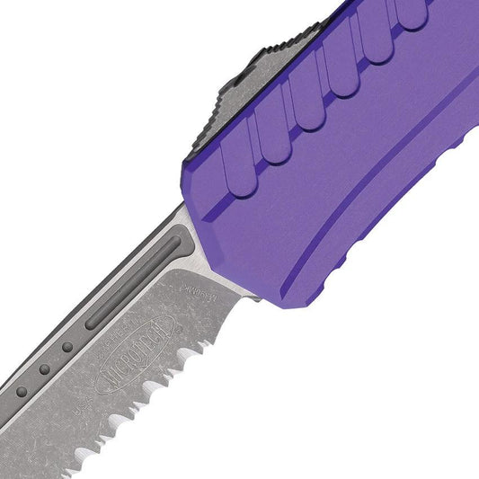 Microtech Auto Cypher II OTF Knife Automatic Opening Apocalyptic Finish Purple Aluminum Handle For Enthusiasts by Microtech