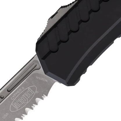 Microtech Auto Cypher II OTF Knife For EDC Enthusiasts With Apocalyptic Finish 3.5in Wharncliffe Serrated Blade by Microtech