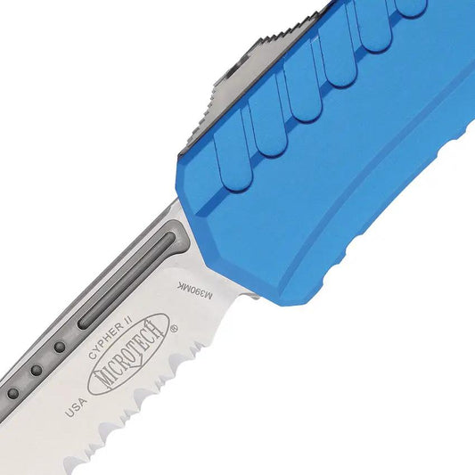 Microtech Auto Cypher II OTF Knife Automatic Opening Blue Aluminum Handle M390 Glass Breaker For Tactical Enthusiasts by Microtech