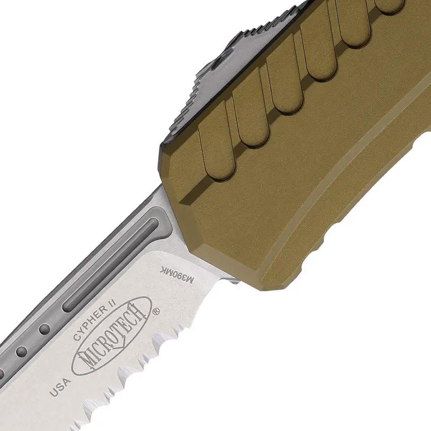 Microtech Auto Cypher II OTF Tactical Knife With Stonewash Blade And OD Green Aluminum Handle Partially Serrated Edge by Microtech