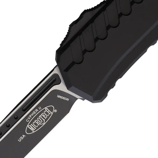 Microtech Auto Cypher II OTF Automatic Knife For EDC With Wharncliffe Blade Black Finish Aluminum Handle Pocket Clip by Microtech