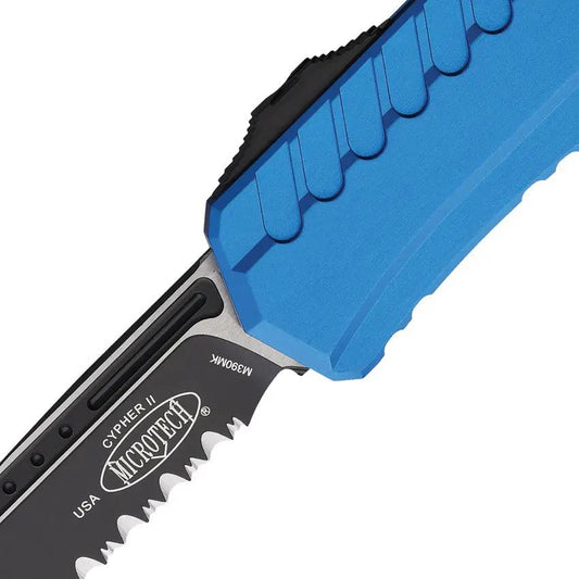 Microtech Auto Cypher II SE OTF Knife Blue Aluminum Handle 3.5in Blade Glass Breaker for EDC Enthusiasts by Microtech
