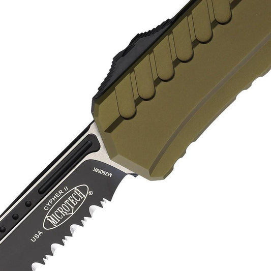 Microtech Auto Cypher II OTF Knife OD Green Aluminum Handle 5 Inch Closed 3.5 Inch Blade Glass Breaker EDC by Microtech