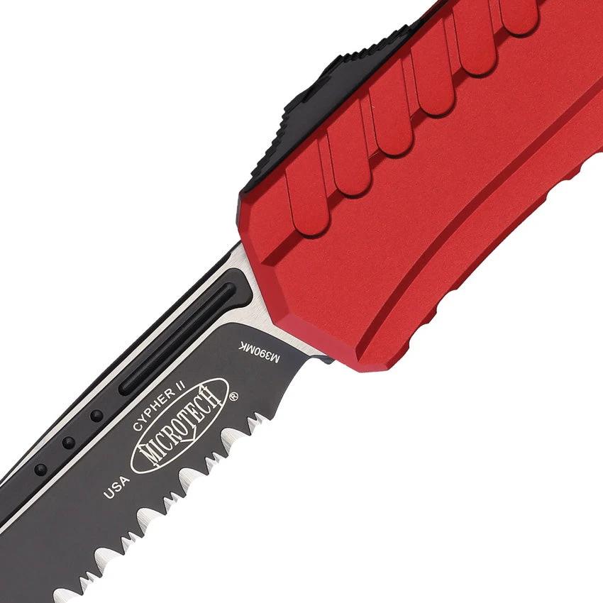 Microtech Auto Cypher II OTF Red Aluminum Handle 3.5in Partially Serrated Wharncliffe Blade Glass Breaker EDC by Microtech