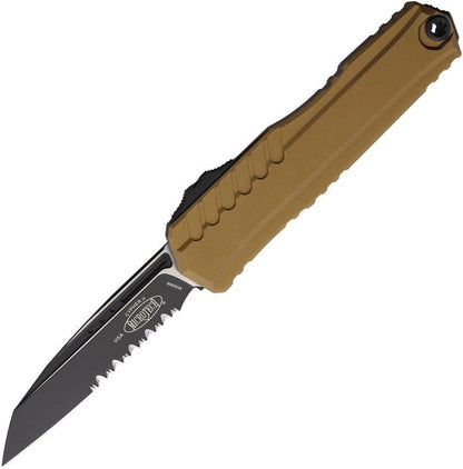 Microtech Auto Cypher II OTF Knife Tan Aluminum Handle Partially Serrated Wharncliffe M390 Blade For EDC by Microtech