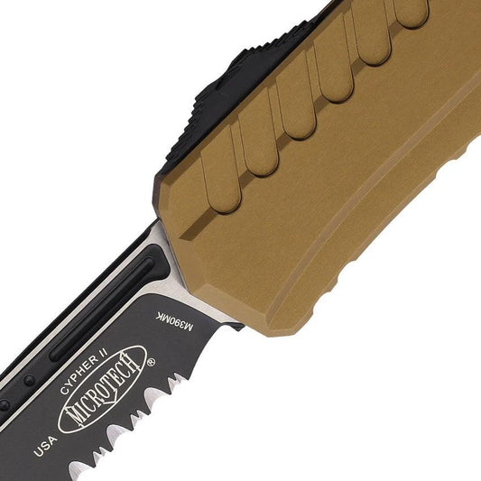 Microtech Auto Cypher II OTF Knife Tan Aluminum Handle Partially Serrated Wharncliffe M390 Blade For EDC by Microtech