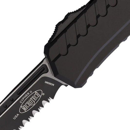 Microtech Auto Cypher II OTF Tactical Knife With Wharncliffe Blade Black Aluminum Handle Glass Breaker EDC by Microtech