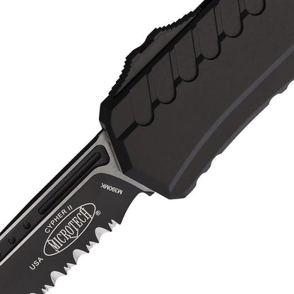 Microtech Auto Cypher II OTF Tactical Knife With Wharncliffe Blade Black Aluminum Handle Glass Breaker EDC by Microtech