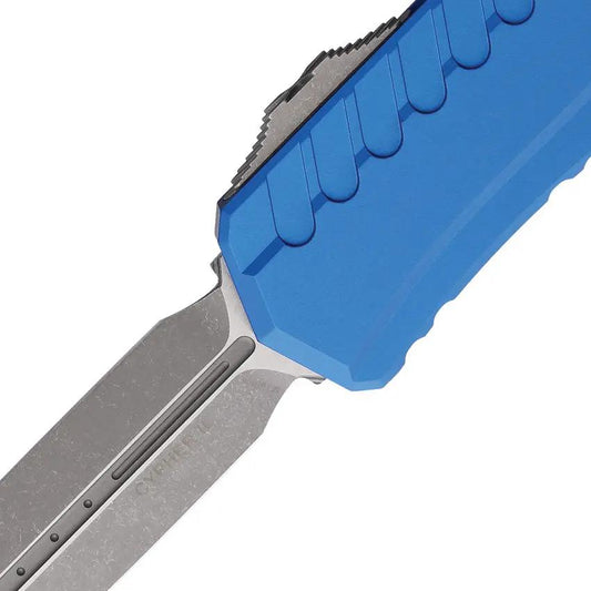 Microtech Auto Cypher II DE OTF Knife For EDC Enthusiasts With Apocalyptic Blade Finish Blue Aluminum Handle by Microtech