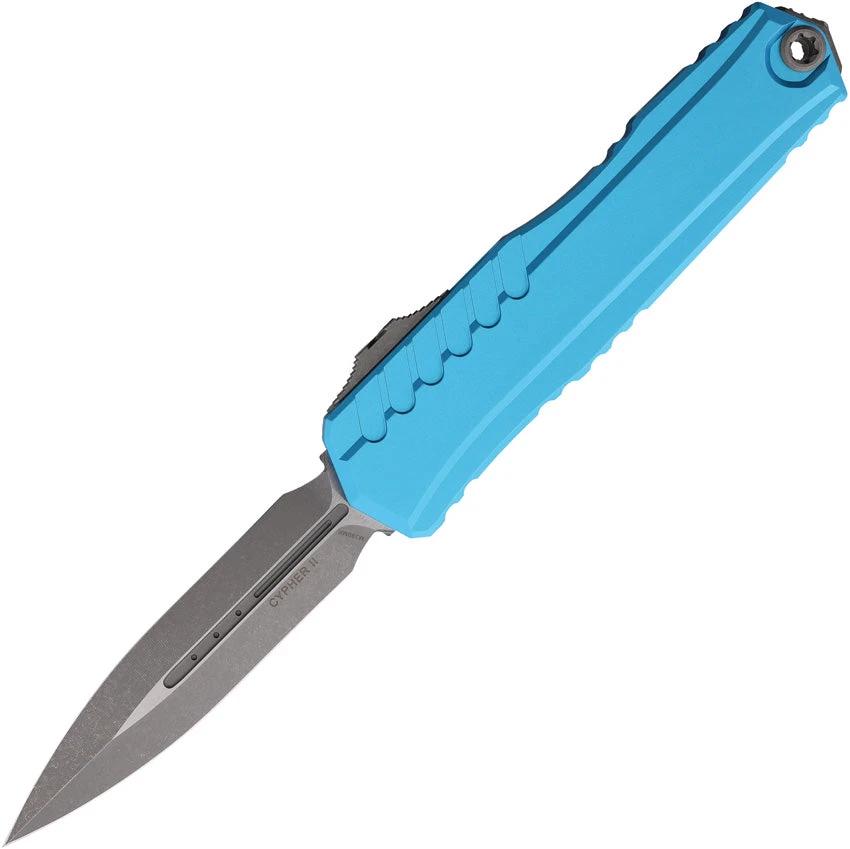 Microtech Auto Cypher II OTF Knife Automatic Opening Apocalyptic Finish Bohler M390MK Blade Turquoise Handle Tactical