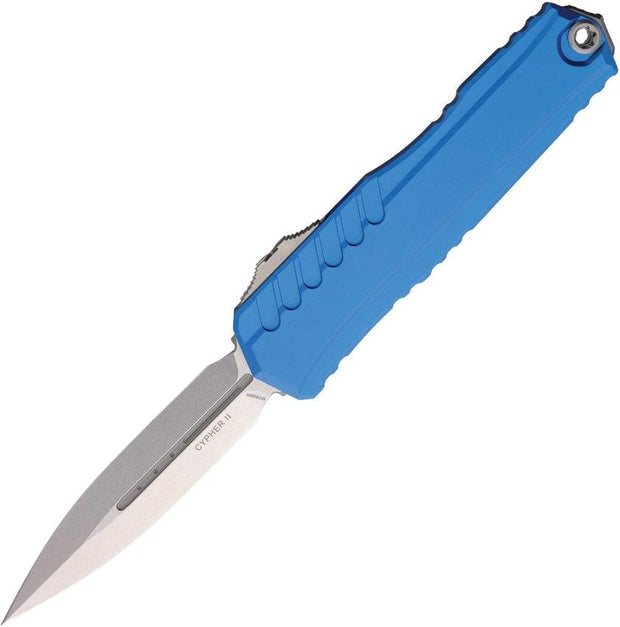 Microtech Cypher II D E OTF Auto Knife Blue Aluminum Handle 5 Inch Closed M390 Double Edge Dagger Blade For Collectors by Microtech